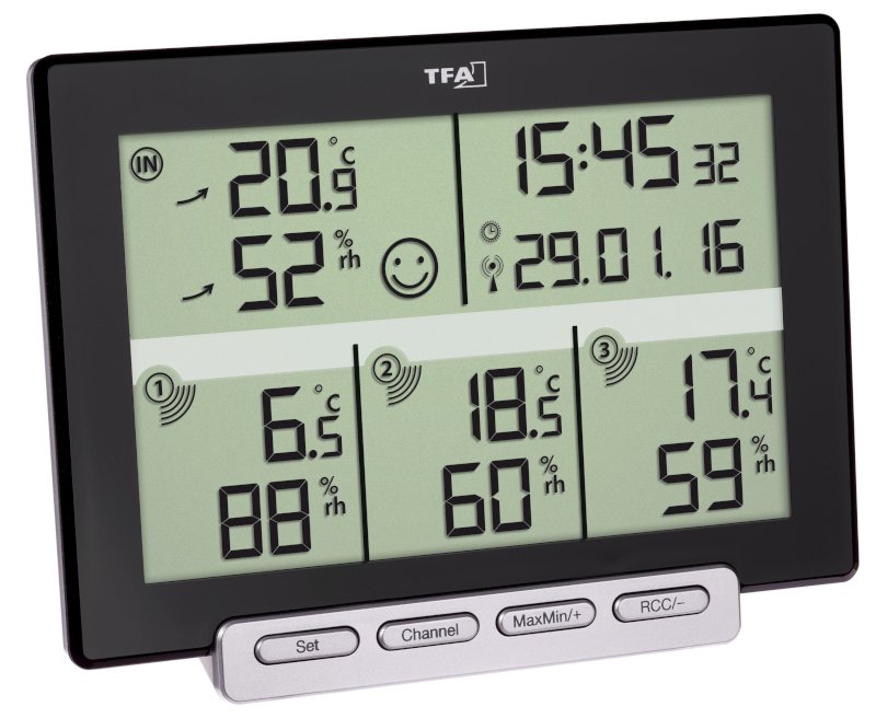 T-303057+8xLR6 Station  Thermomtre Hygromtre multi-zone  avec heure et mini maxi TFA