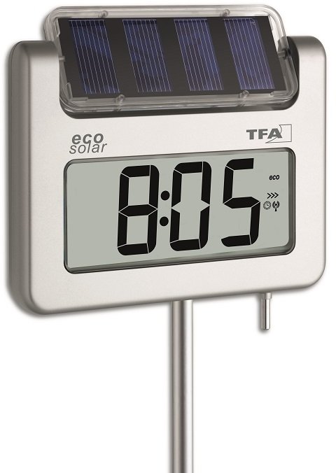 T302030.54 Thermomtre GEANT et solaire de jardin avec heure DCF77, mini maxi et rtro-clairage TFA