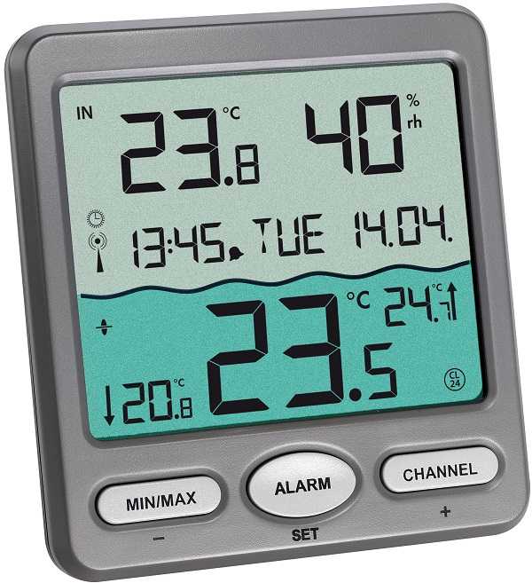 T303056+8pilesxLR3 Thermomtre de piscine solaire avec lecture  distance alarme et radiopilot TFA